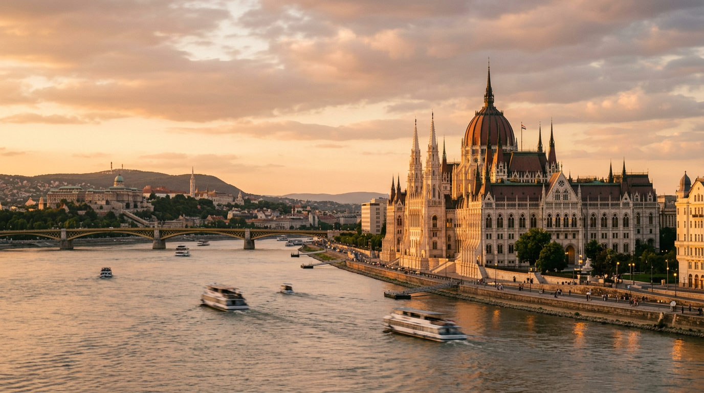 Budapest, Duna-part és parlament környéke naplementében